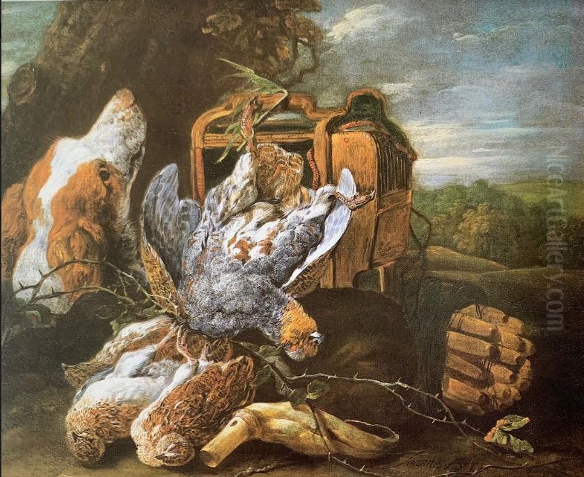 Game still life with a dog in a landscape Oil Painting by Jan Fyt