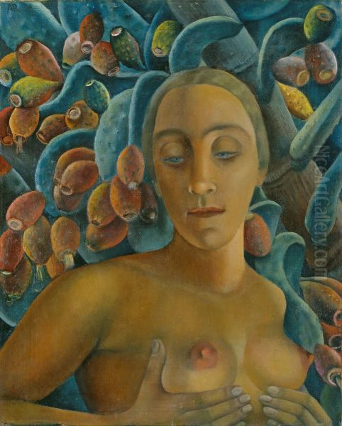 Female Nude in front of a Prickly Pear Oil Painting by Anita Ree
