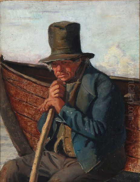 A fisherman from Skagen at his boat Oil Painting by Michael Peter Ancher