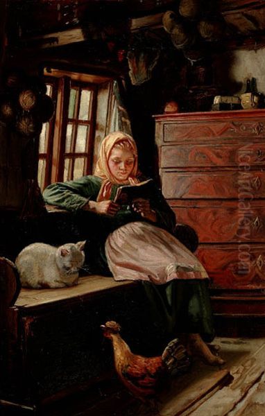 Sunday afternoon in a fishermans cottage. A reading girl. Oil Painting by Michael Peter Ancher