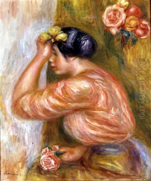 Femme a la rose devant le miroir Oil Painting by Pierre Auguste Renoir