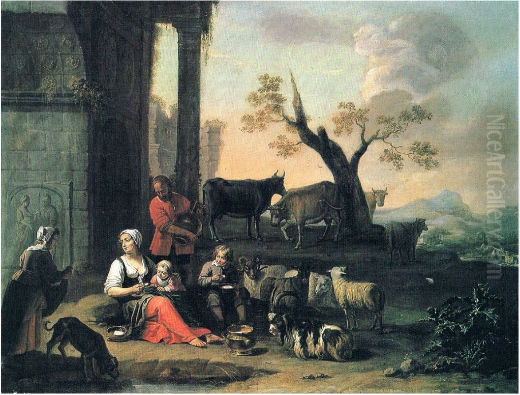 A shepherd family resting by classical ruins Oil Painting by Abraham Willemsens