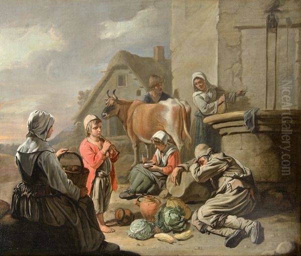 Peasants Resting at a Well Oil Painting by Abraham Willemsens