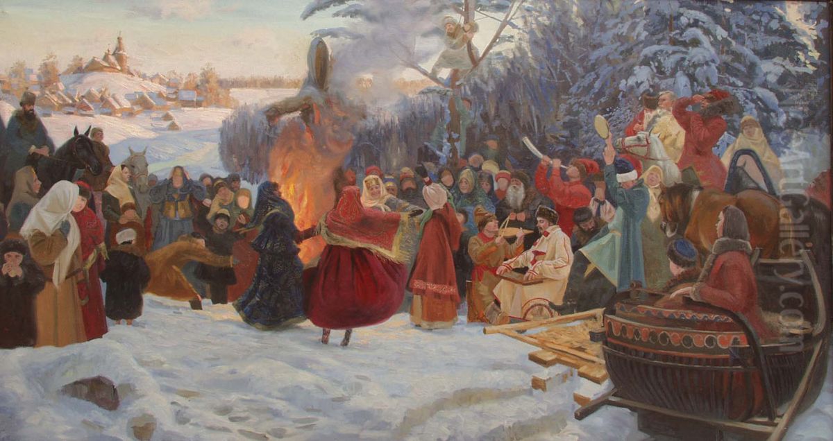 Pancake Day. Farewell to winter. Russia XVII century. Oil on canvas. 110 x 210 cm. Oil Painting by Simon Kozhin