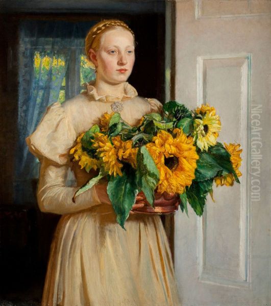 Girl with Sunflowers (1893) Oil Painting by Michael Peter Ancher