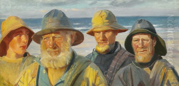 Four fishermen standing in the sunshine on Skagen beach Oil Painting by Michael Peter Ancher