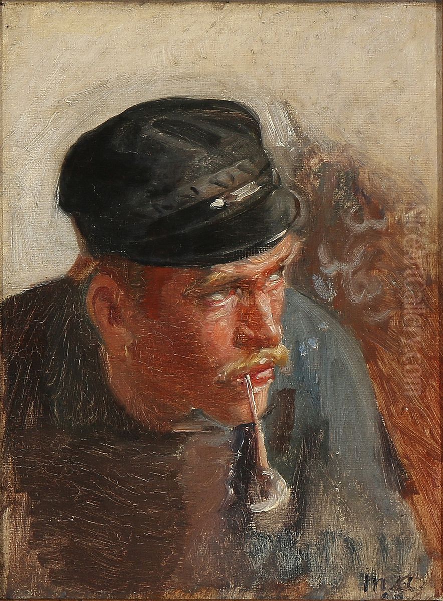 A young pipesmoking fisherman. Oil Painting by Michael Peter Ancher