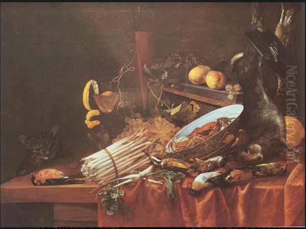 Game, shellfish, fruit and asparagus with a cat Oil Painting by Carstian Luyckx