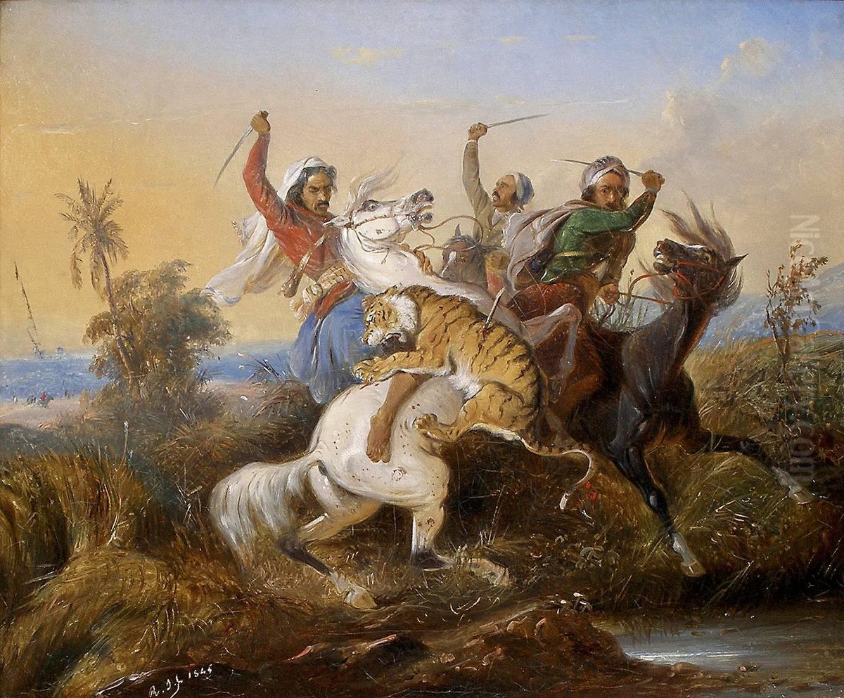 Tiger chase Oil Painting by Raden Saleh