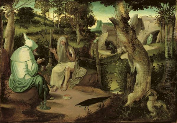 Saints Anthony and Paul in the wilderness Oil Painting by Pseudo Jan Wellens de Cock