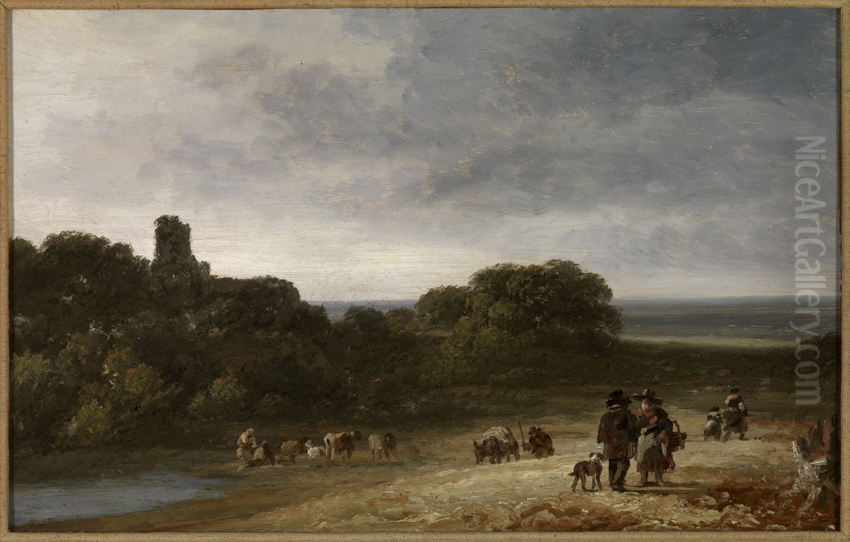 Landschap met figuren en vee. Oil Painting by Georges Michel