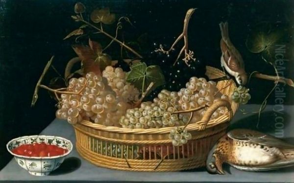 A still life of a basket of grapes, with a sparrow and a thrush and fraises-de-bois in a blue-and-white porcelain bowl upon a table top Oil Painting by Francesco Codino