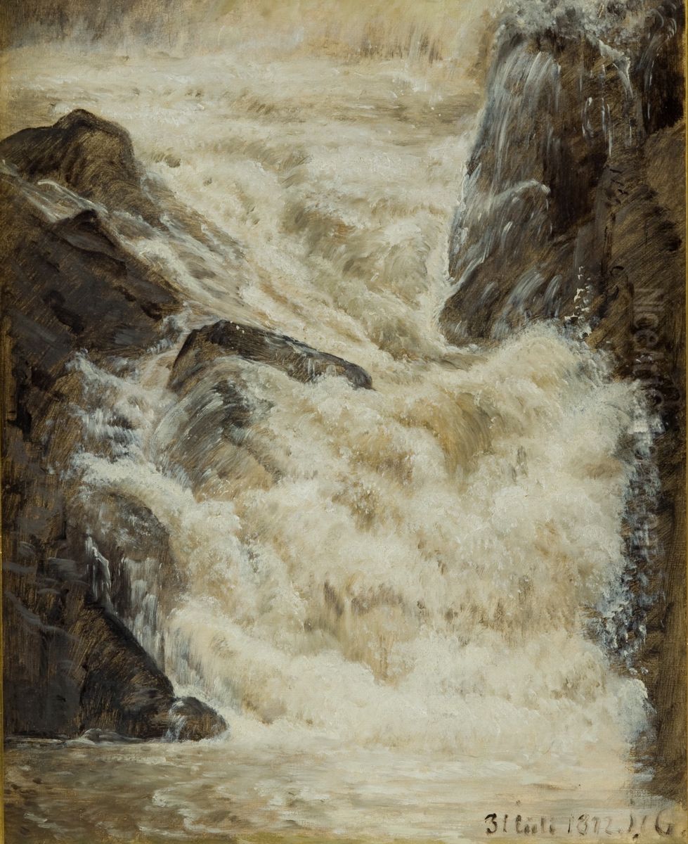 A study of a waterfall in Sweden Oil Painting by Janus Andreas Bartholin La Cour