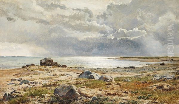 Strandparti fra Helgenaes med gra skyer over havet. Oil Painting by Janus la Cour