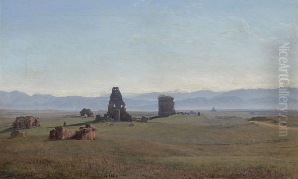 Parti fra den romerske campagne med Torre di Schiavi Oil Painting by Janus Andreas Bartholin La Cour