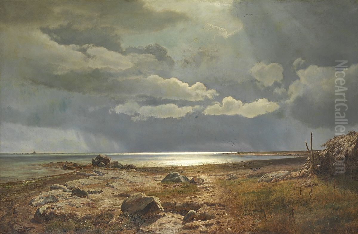 Regnfuld sommerdag ved stranden ved Kalo Vig. Eftermiddag. Oil Painting by Janus Andreas Bartholin La Cour