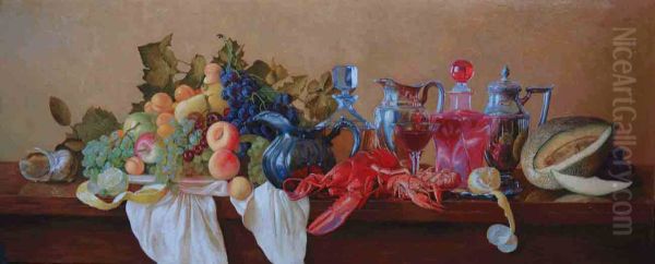 Still Life with Lobster. Wood with levcas, oil. 48 x 120 cm Oil Painting by Simon Kozhin