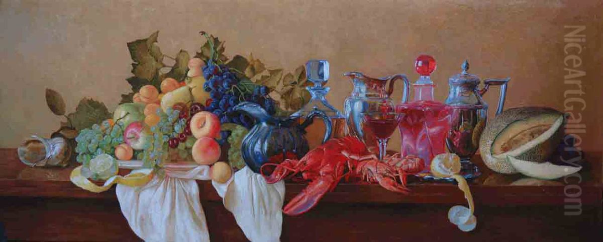 Stilleben mit Lobster. Holz mit Kreidegrund, Ol. 48 x 120 cm Oil Painting by Simon Kozhin