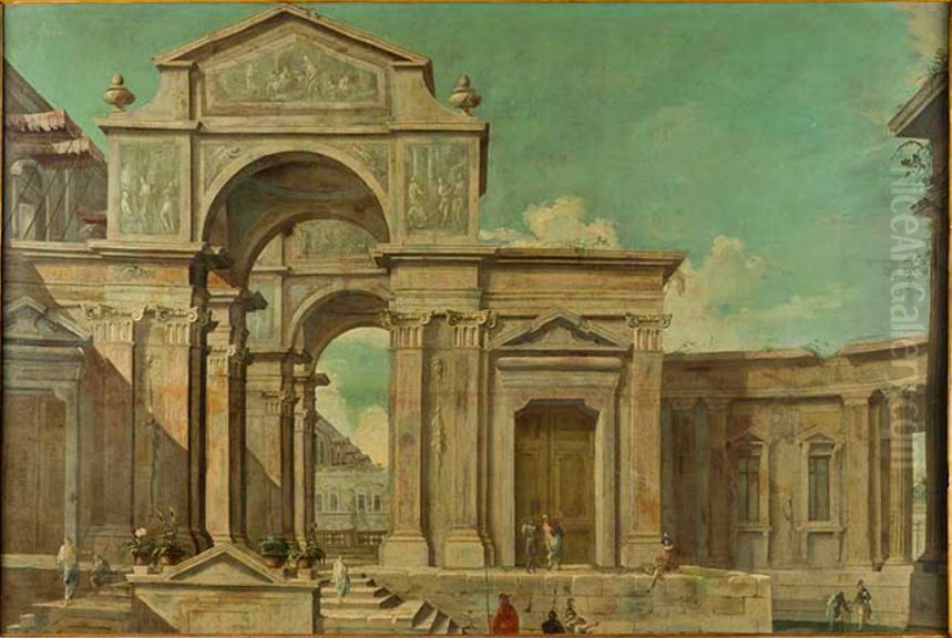 Architectural capriccio with monumental building in the central arch surmounted by a pediment and bystanders in stylish clothes going for a walk Oil Painting by Ascanio Luciano