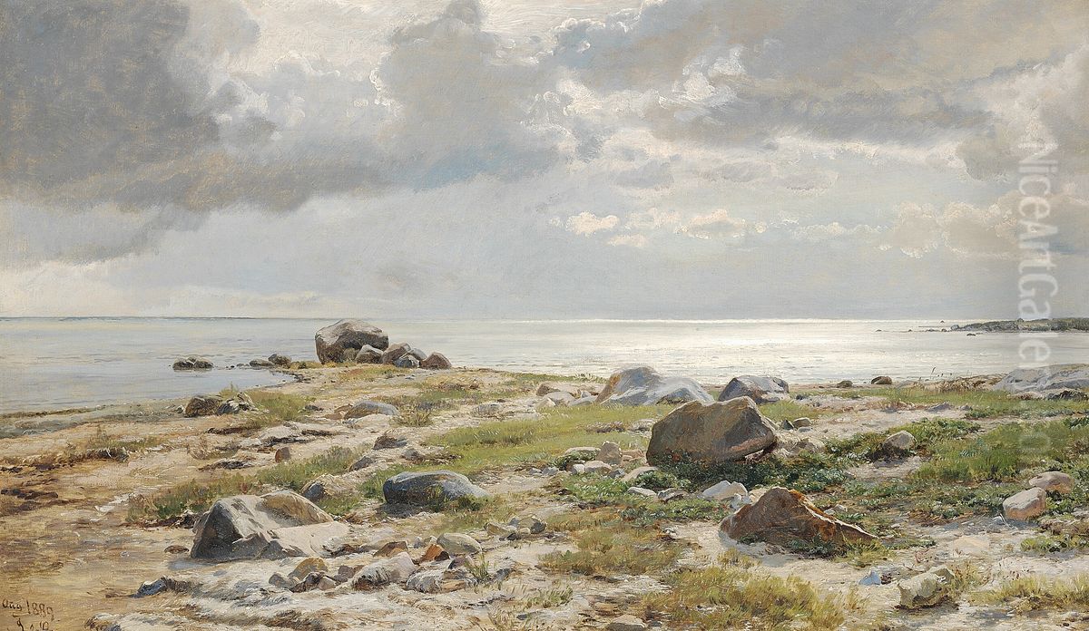 View of a beach with clouds and large stones. Oil Painting by Janus Andreas Bartholin La Cour