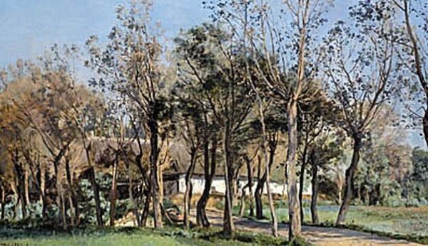 A thatched farm behind deciduous trees. Oil Painting by Janus Andreas Bartholin La Cour