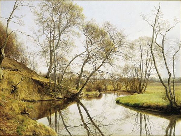 Springtime at the stream Skovmolleaen, Denmark. Oil Painting by Janus Andreas Bartholin La Cour