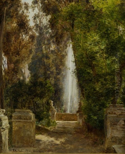 A fontain at the Villa d`Este in Tivoli, near Rome Oil Painting by Janus la Cour