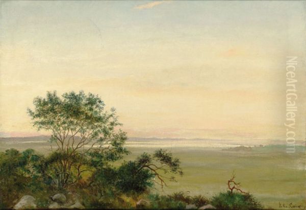Landscape with a view to a lake, morning. Oil Painting by Janus la Cour