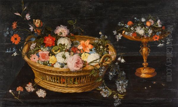 Still life with flowers in a basket and in a gilt tazza Oil Painting by Jan Brueghel the Younger