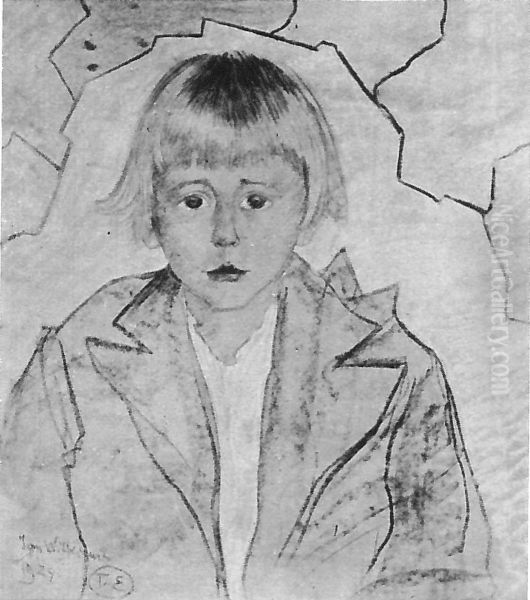 Portrait of Tamasz Domaniewski, against a geometric background Oil Painting by Stanislaw Ignacy Witkiewicz