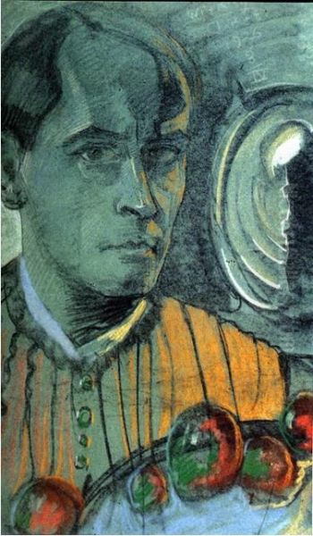 Self-portrait with a mirror in the background Oil Painting by Stanislaw Ignacy Witkiewicz