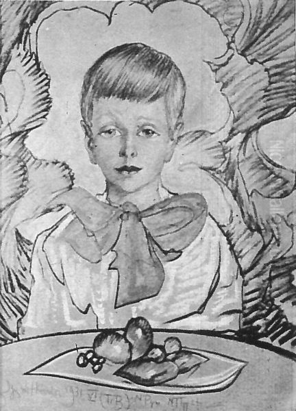 Portrait of Ryszard Glass as a boy with fruit Oil Painting by Stanislaw Ignacy Witkiewicz