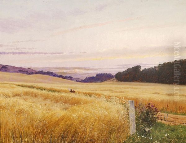 People strolling through a summer landscape as evening falls. Oil Painting by Vilhelm Kyhn