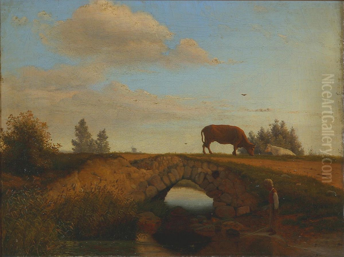 A boy standing at a river with cows in the background. Oil Painting by Vilhelm Kyhn
