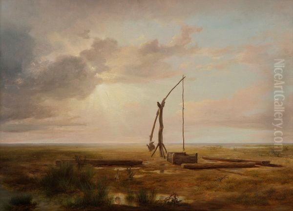 View of the Great Hungarian Plain with Draw Well Oil Painting by Karoly Marko