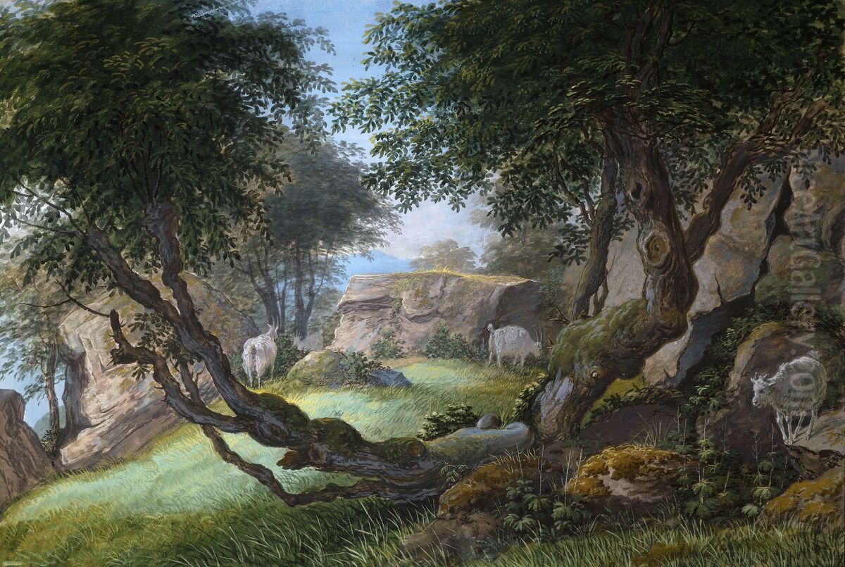 Et parti Almeskov i Sogn pa Yttre Krogens fjeldside Oil Painting by Johannes Flintoe