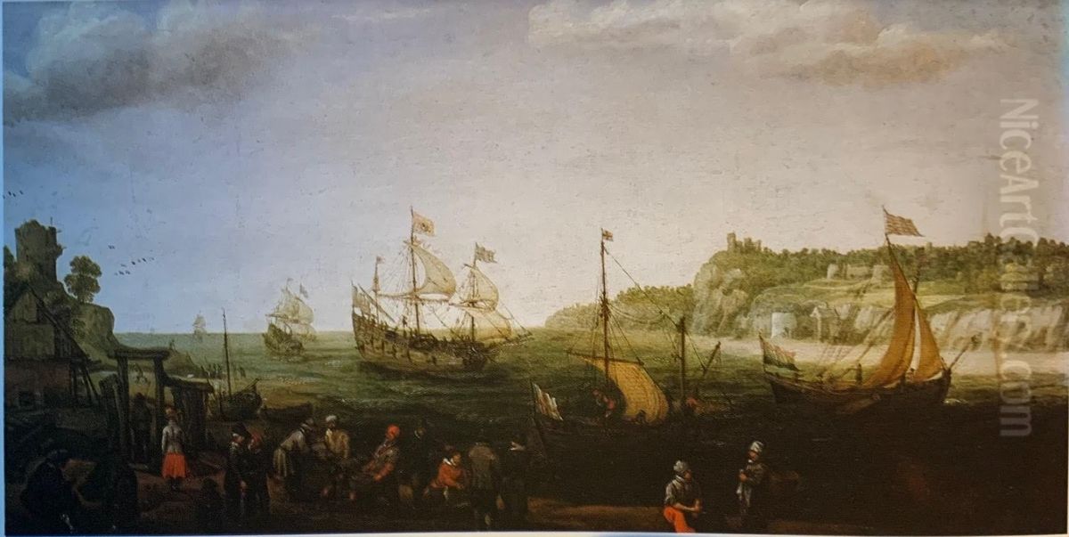Disembarking from a ship on a beach and fishers with their catch Oil Painting by Adam Willaerts