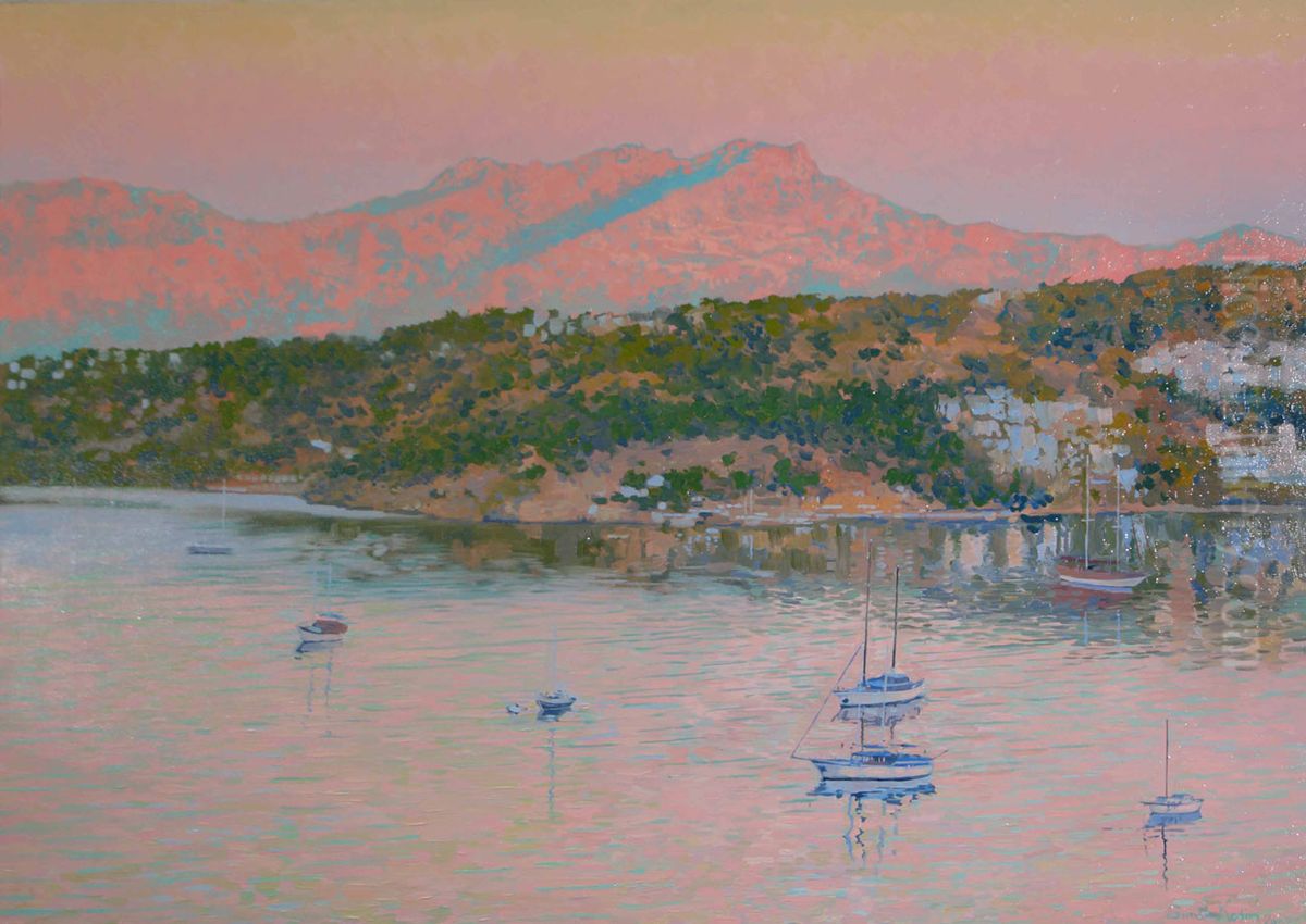 Pink eiri greine. Bodrum. Gumbet. Ola ar chanbhas. 64 x 93 orlach. Oil Painting by Simon Kozhin