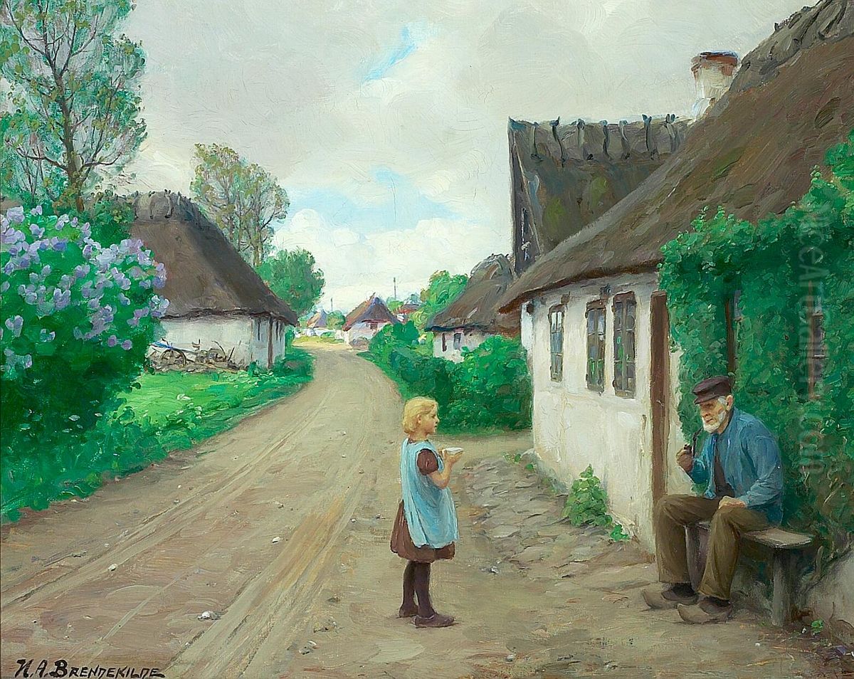 A village road with a young girl talking to old Jens Wilhelm of Jyllinge, aged 93. Oil Painting by H. A. Brendekilde