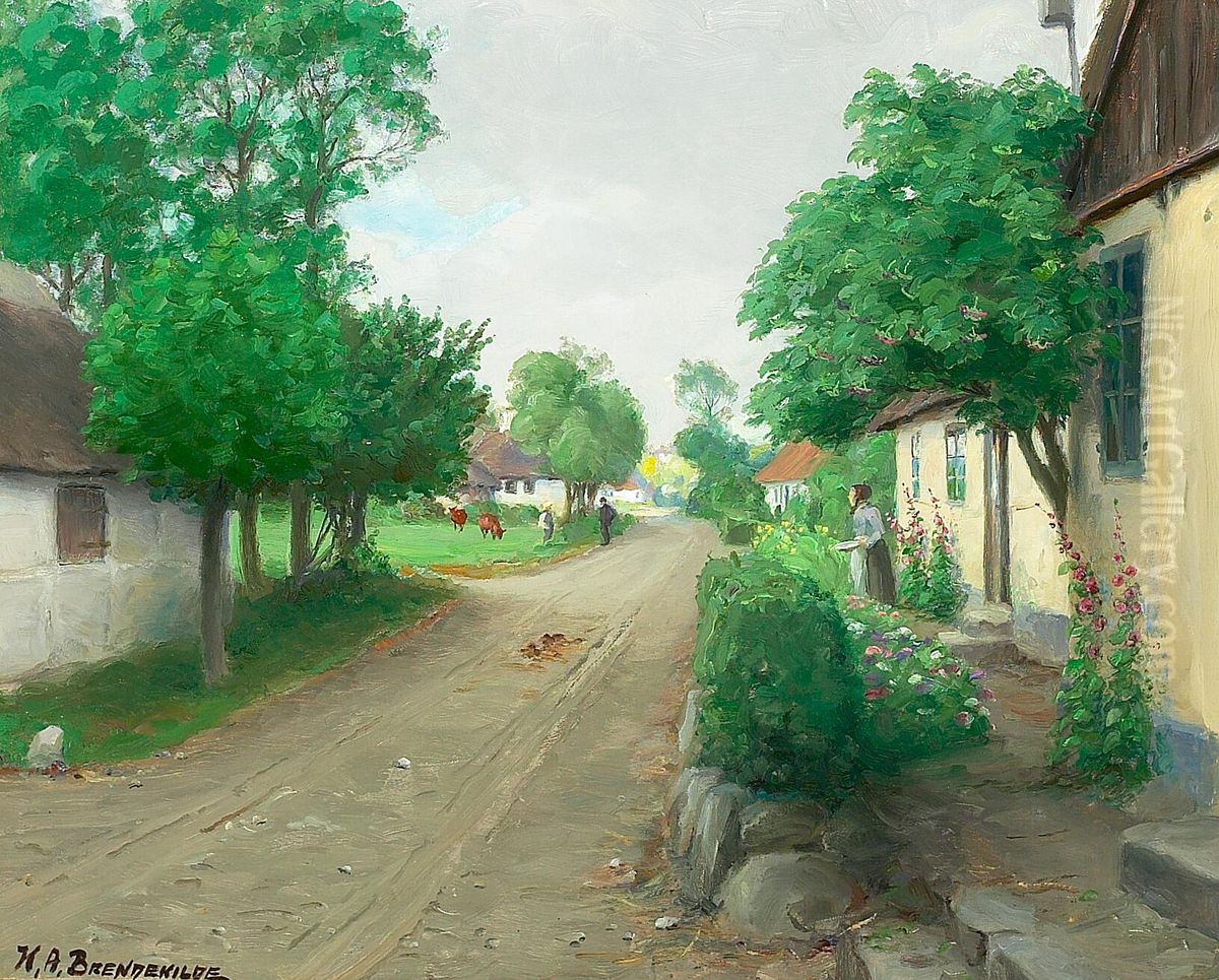A village road with people and cows and hollyhocks in bloom. Oil Painting by H. A. Brendekilde