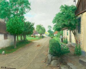 A village road with people and cows and hollyhocks in bloom.