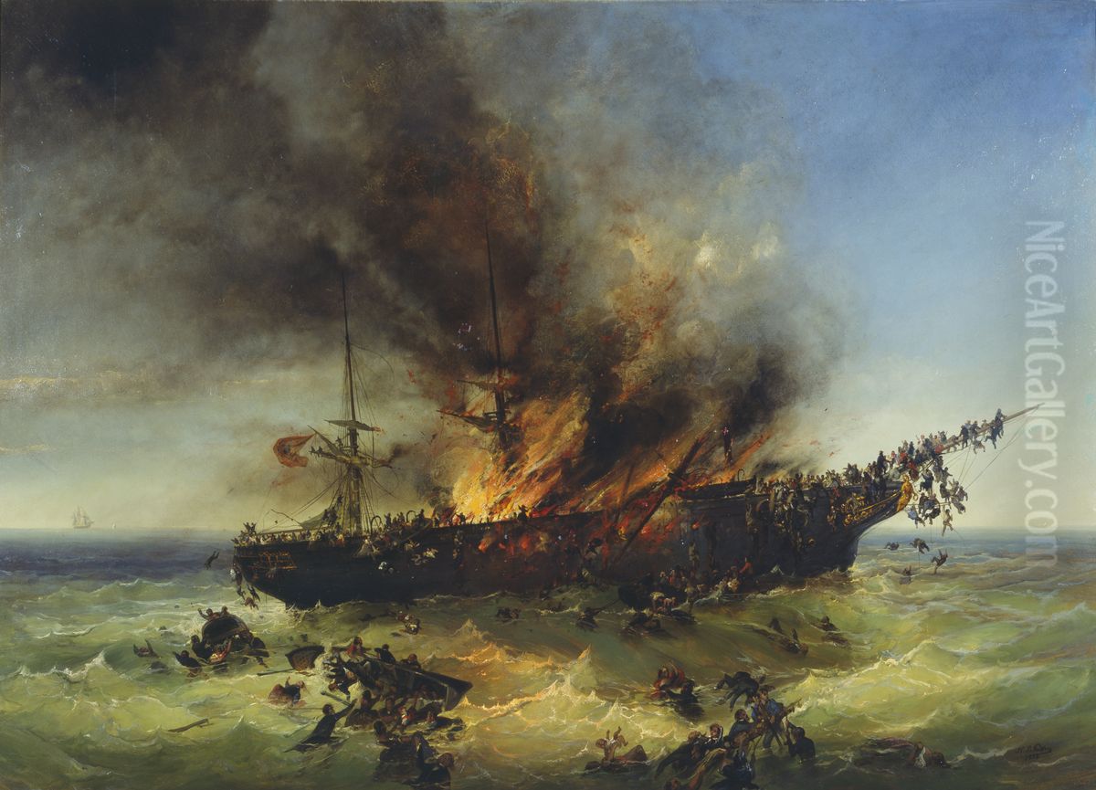 Untergang des Auswandererschiffes Austria am 13. September 1858 Oil Painting by Josef Puttner