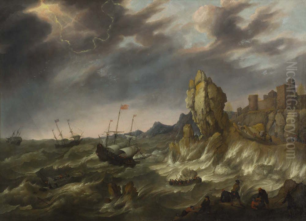 Ships on a rocky coast during a storm Oil Painting by Abraham Willaerts