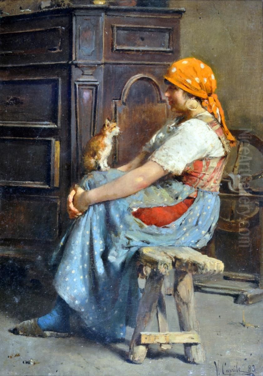 Maria Rosa and the kitten Oil Painting by Vincenzo Caprile