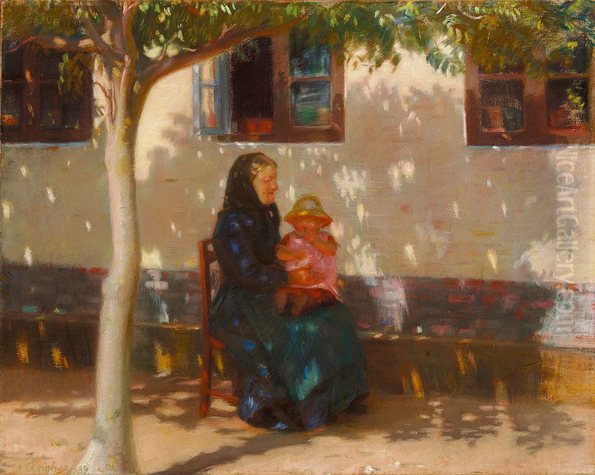 Skagenskone med den lille Helga Ancher pa skodet i solskin foran et hvidkalket hus. Oil Painting by Anna Ancher
