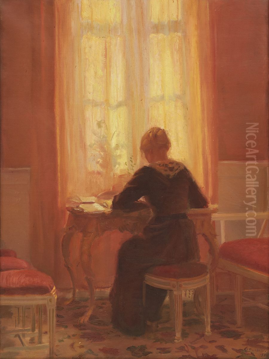 The red room - Interior with the artists daughter Helga. Oil Painting by Anna Ancher
