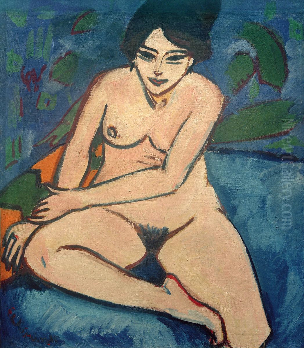 Nude on blue ground Oil Painting by Ernst Ludwig Kirchner