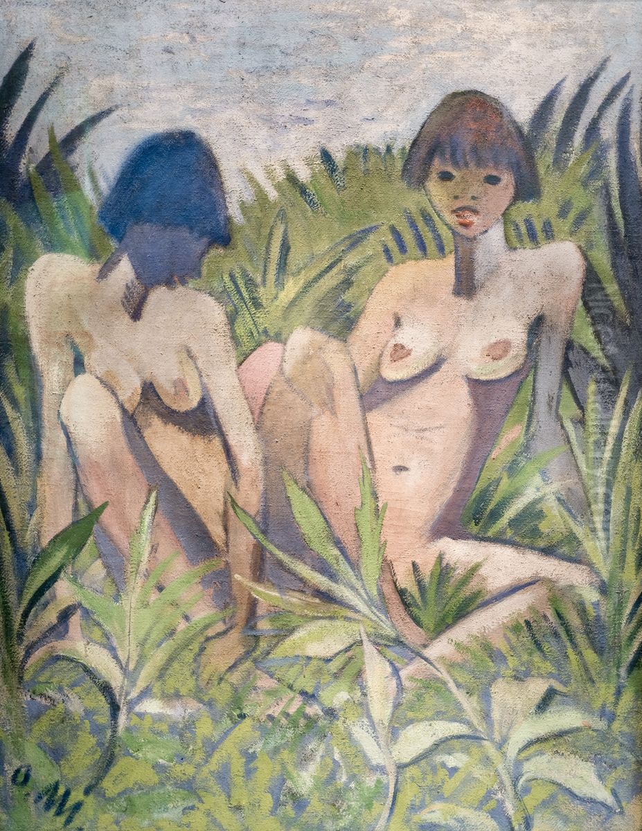 Two Nudes on the Grass Oil Painting by Otto Mueller