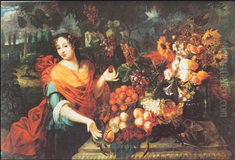 Jonge vrouw bij een tafel, versierd met bloemen en fruit Oil Painting by Hieronymus Galle I