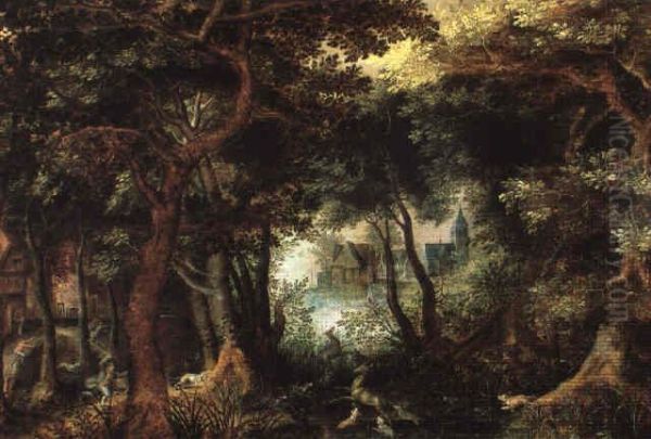 Wooded landscape with a deerhunt and a vieuw on a village Oil Painting by David Vinckboons I